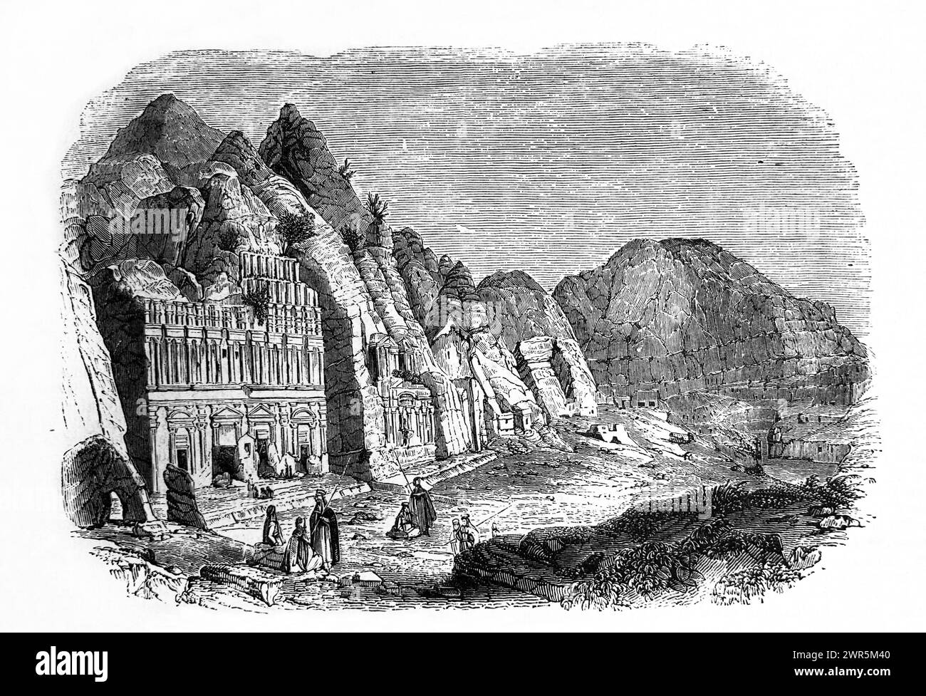Illustration of Joktheel-A View of the Palace Tomb Nabatean Rock Cut Tombs in Petra Jordan from Antique 19th Century Illustrated Family Bible Stock Photo