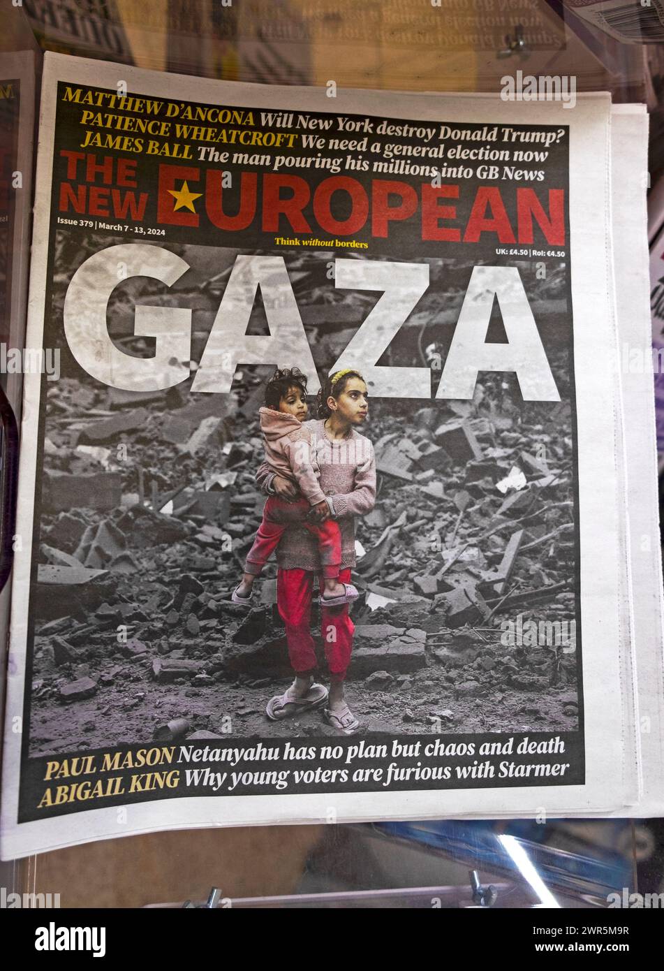 GAZA newspaper headline on front page of The New European Palestinian children, Netanyahu, Donald Trump, GB News articles 9 March 2024 London UK Stock Photo