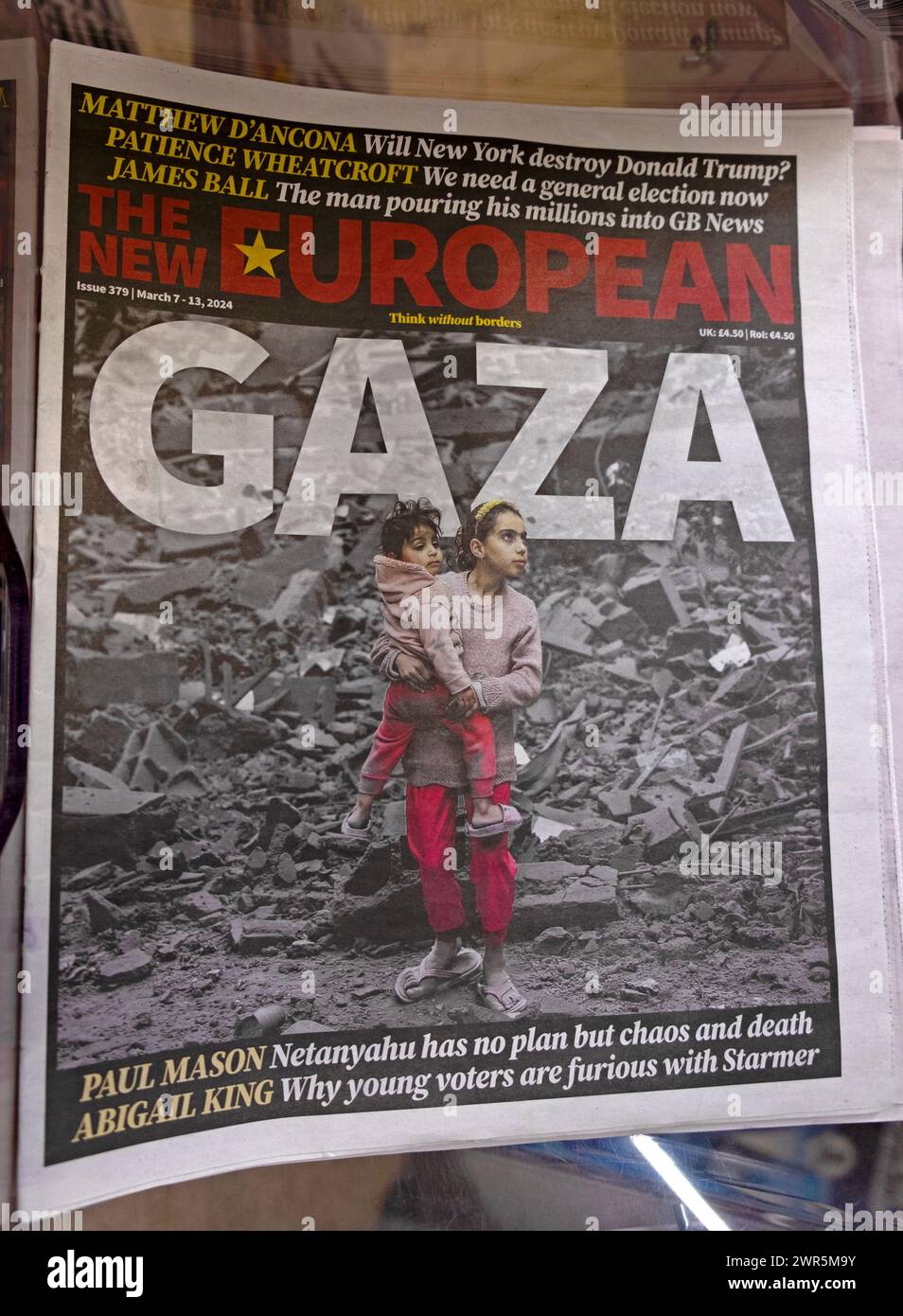 GAZA newspaper headline on front page of The New European Palestinian children, Netanyahu, Donald Trump, GB News articles 9 March 2024 London UK Stock Photo
