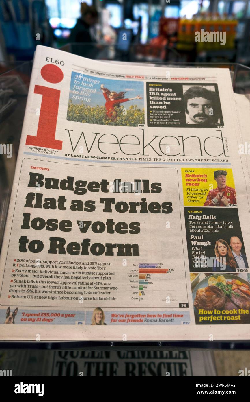 'Budget falls flat as Tories lose votes to Reform' i newspaper front page politics article on newsstand in supermarket 9 March 2024 London England UK Stock Photo
