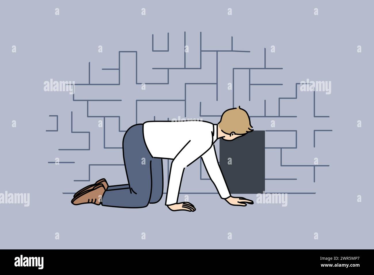 Man searching exit from labyrinth, crawling on floor near miniature door, as metaphor for difficult life situation. Guy is looking for way out of labyrinth, and needs hint or help. Stock Vector