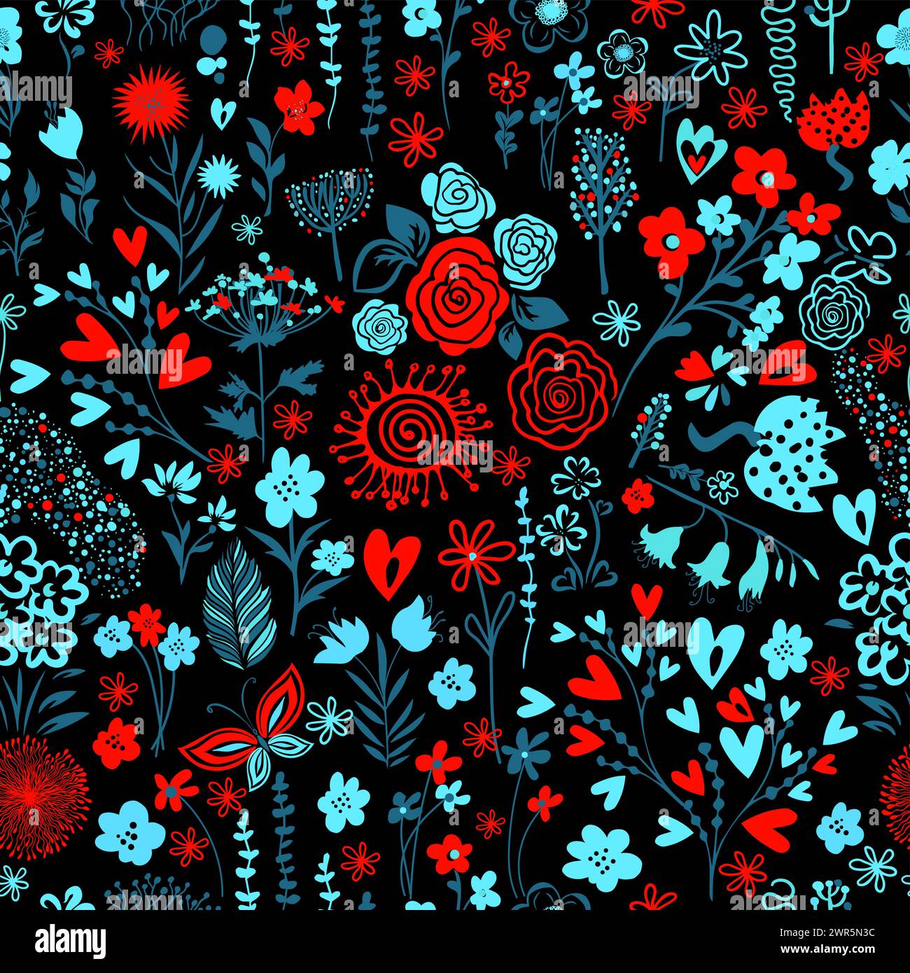 Seamless background of small red and blue flowers on a black background ...