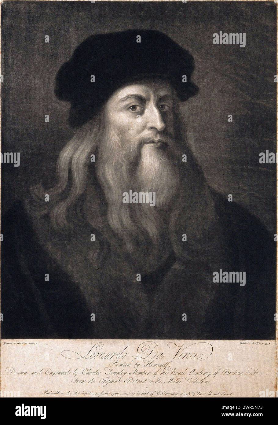 Leonardo da Vinci, 1452 – 1519, was an Italian polymath of the High Renaissance who was active as a painter, draughtsman, engineer, scientist, theorist, sculptor, and architect, mezzotint by Charles Townley after self portrait by Leonardo, Date: 1777 Stock Photo