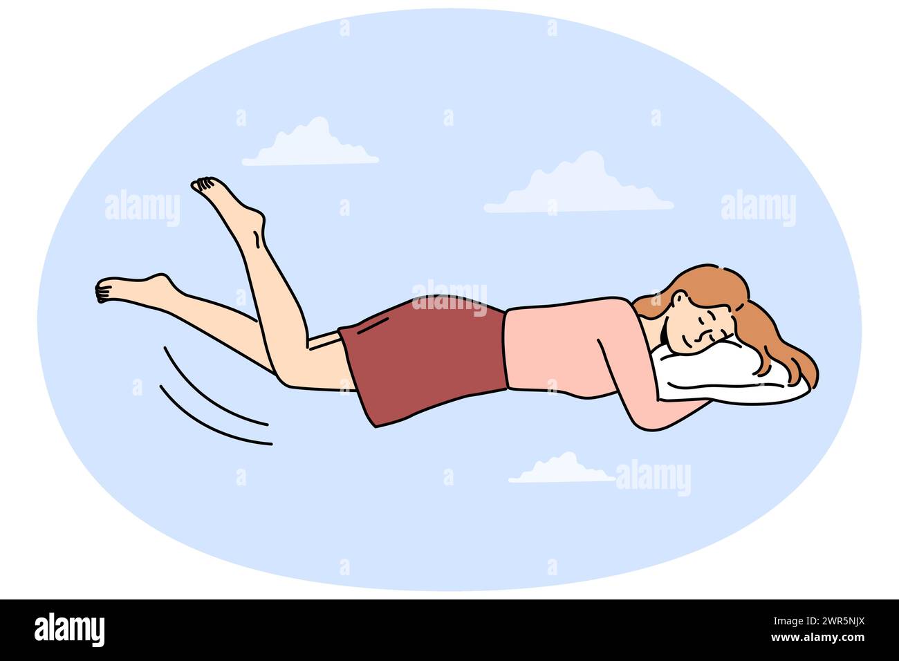 Happy woman lying on pillow levitate in air enjoy dreaming or relaxing. Calm girl sleep see dreams. Relaxation and fatigue. Vector illustration. Stock Vector