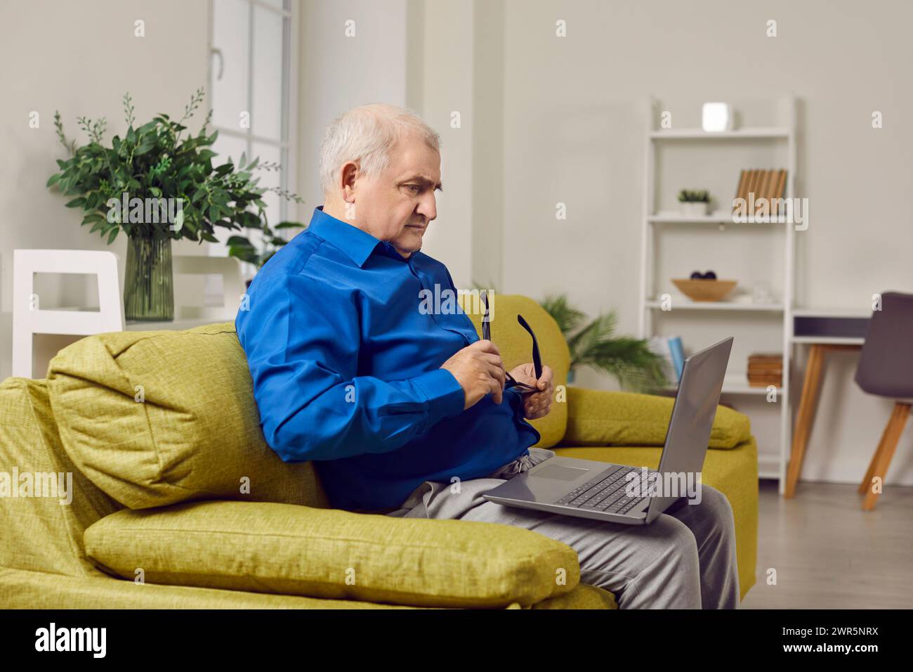 Concentrated senior man sitting on sofa using laptop computer Stock Photo