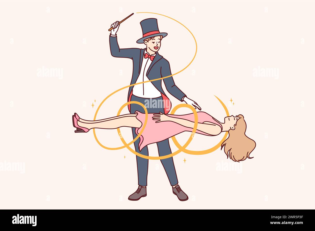 Man magician demonstrates magic trick by making woman assistant levitate during circus performance. Guy magician dressed in tuxedo and classic hat, entertaining audience with mysterious tricks Stock Vector