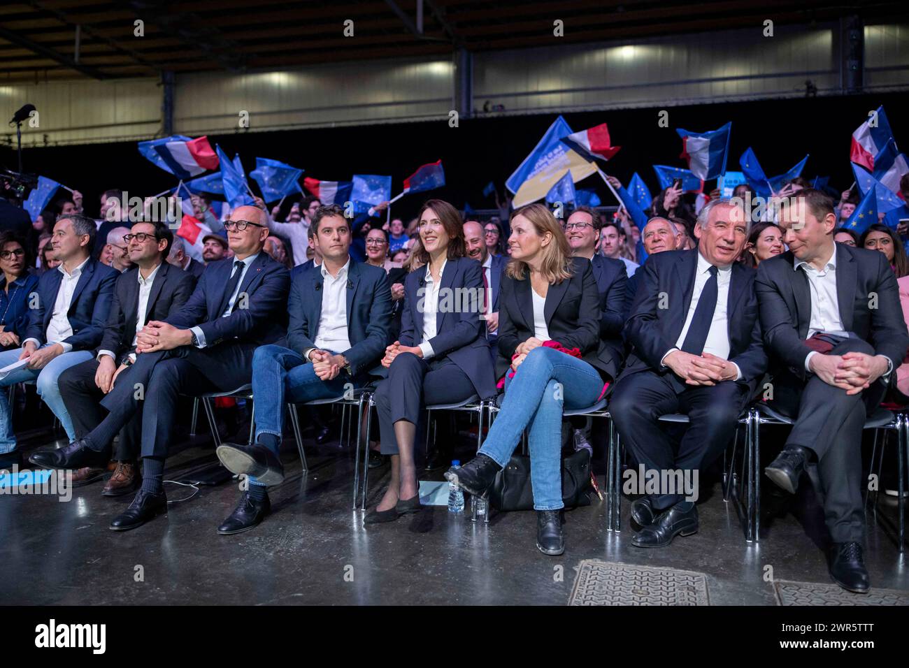 Valerie Hayer with : Gerald Darmanin, Stephane Sejourne, Edouard Philippe, Gabriel Attal, Yael Braun Pivet and Francois Bayrou during the launch for the Renaissance Europe party of their political campaign for the upcoming European Parliament elections, in Lille, northern France, on March 9, 2024. Photo by Eliot Blondet / ABACAPRESS.COM Stock Photo