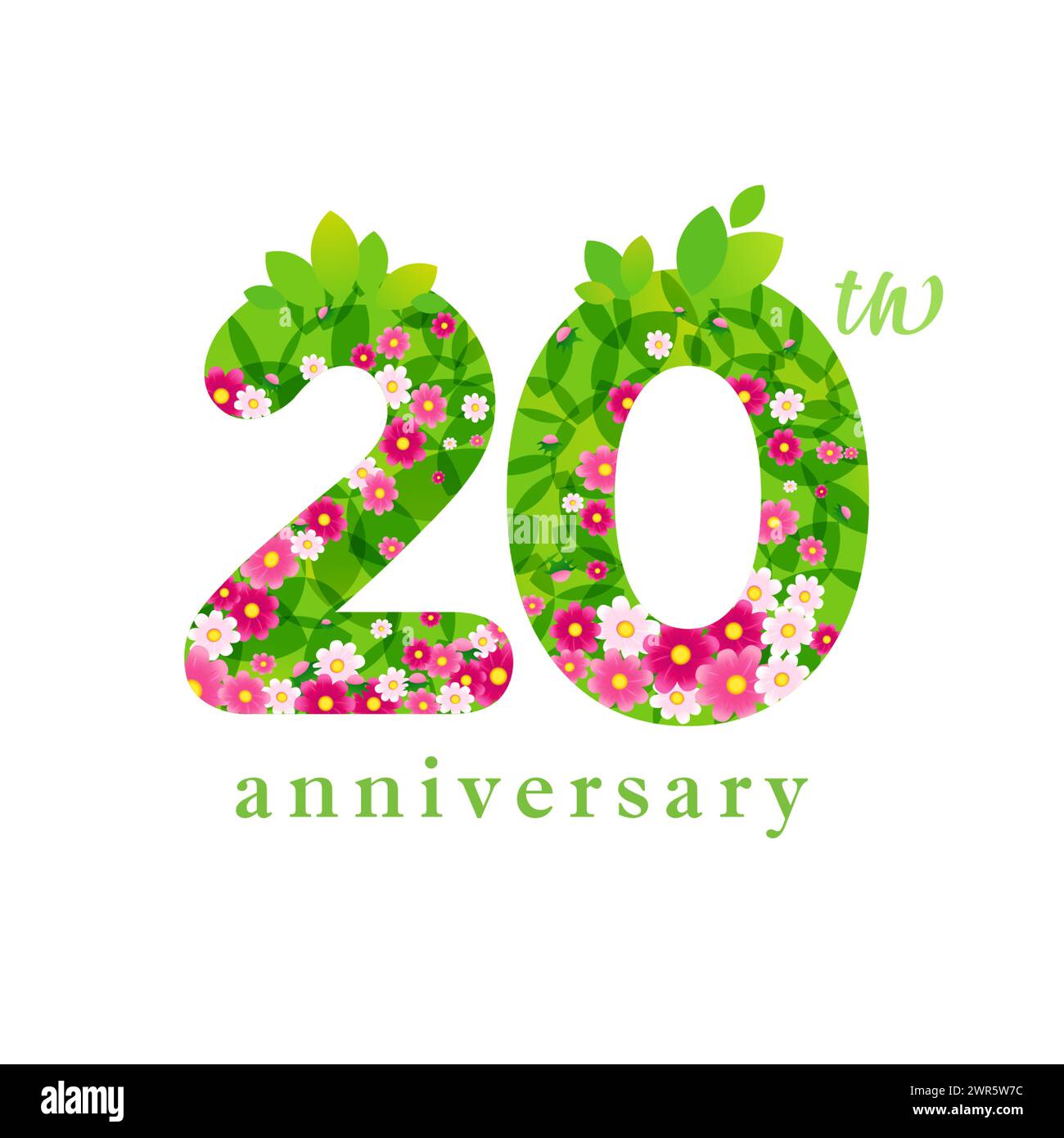 20th annivarsary spring concept. Floral number with green leaves with clipping mask. 20 years old cute logo. Summer or spring sale concept. Up to 20 Stock Vector