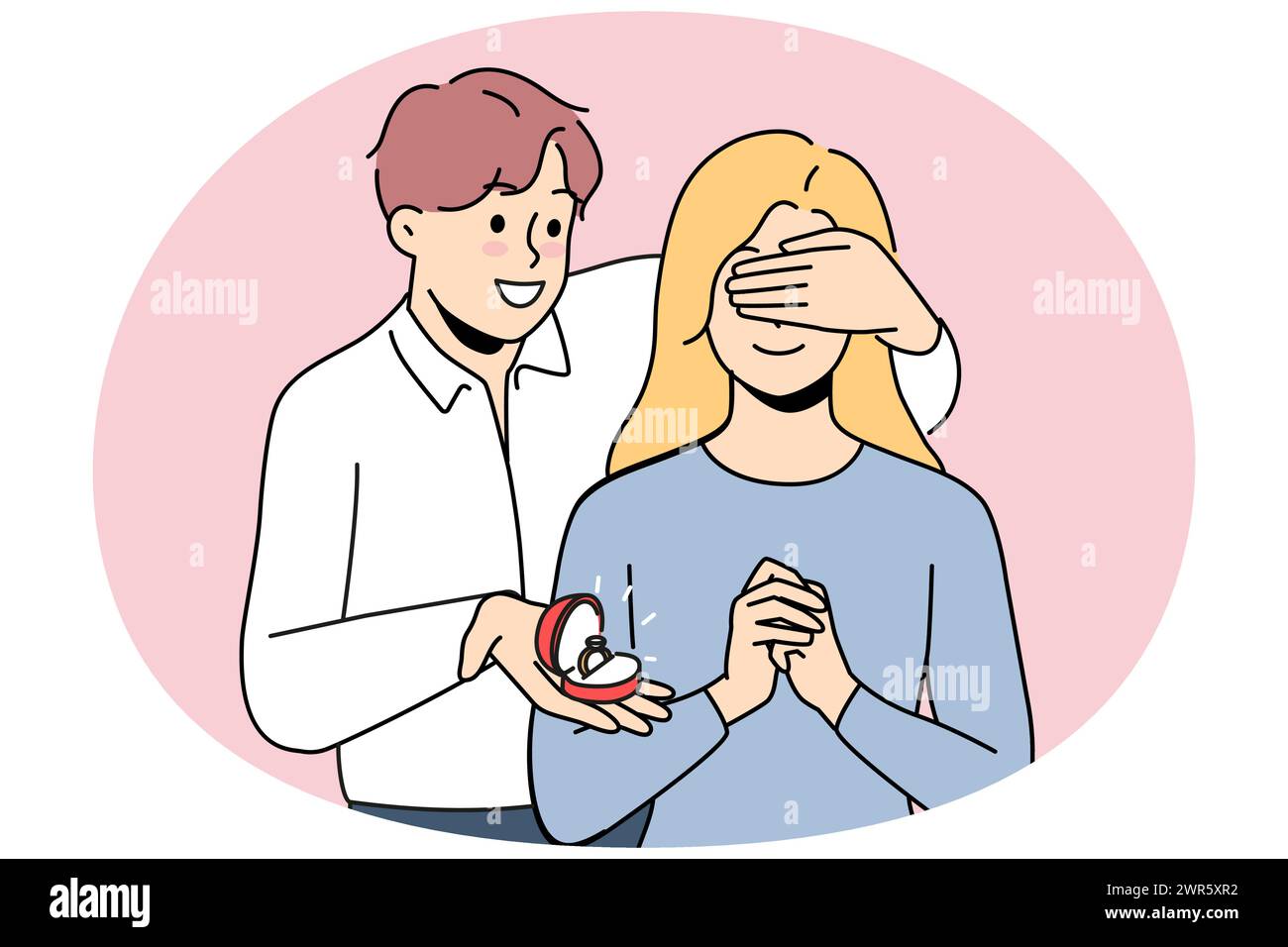 Loving man close excited woman eyes make marriage proposal. Smiling guy surprise girl with engagement ring. Weeding and relationship. Vector illustration. Stock Vector