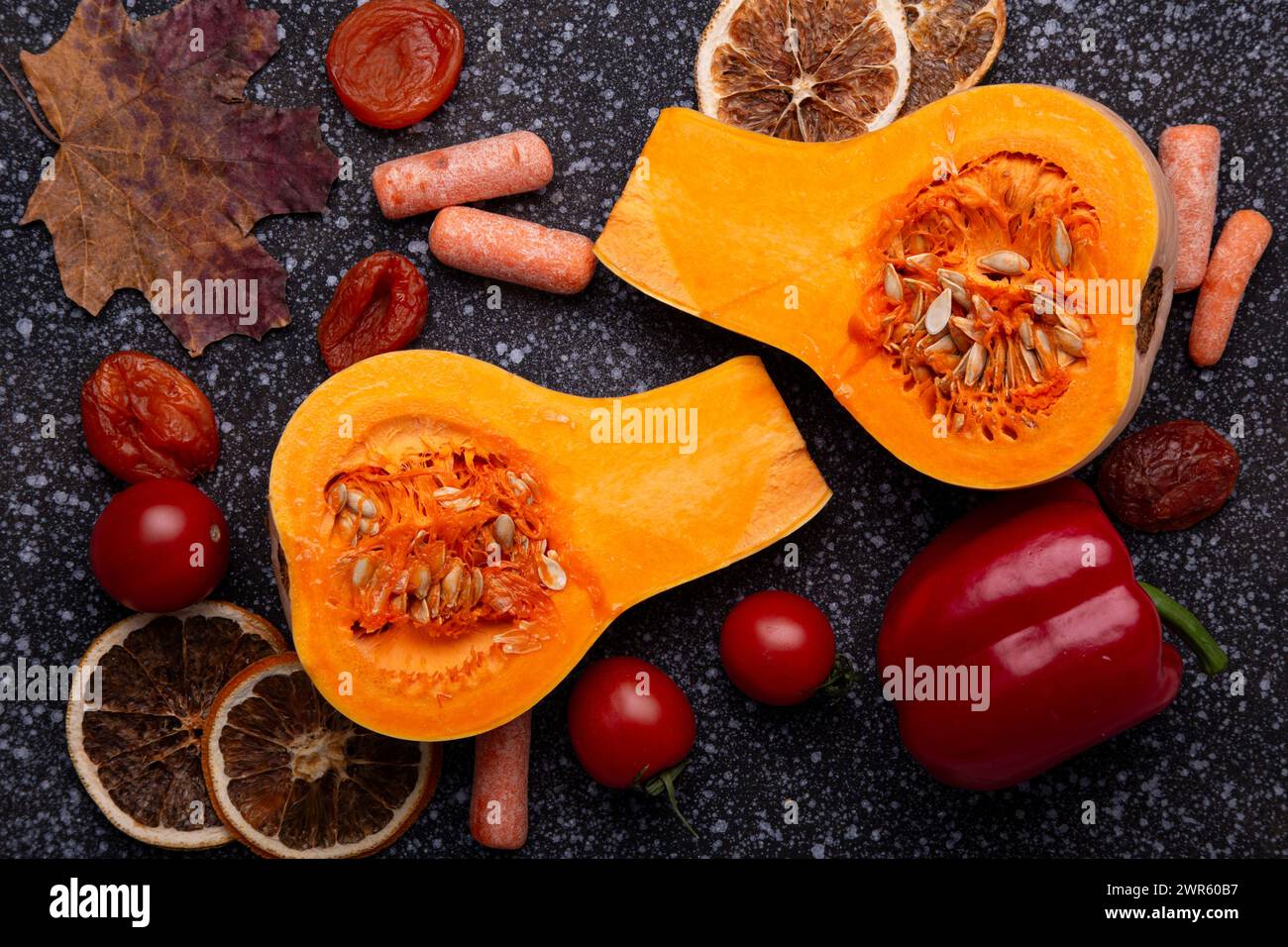 Raw Fall Harvest - Fresh Pumpkin and Seasonal Vegetables. Stock Photo