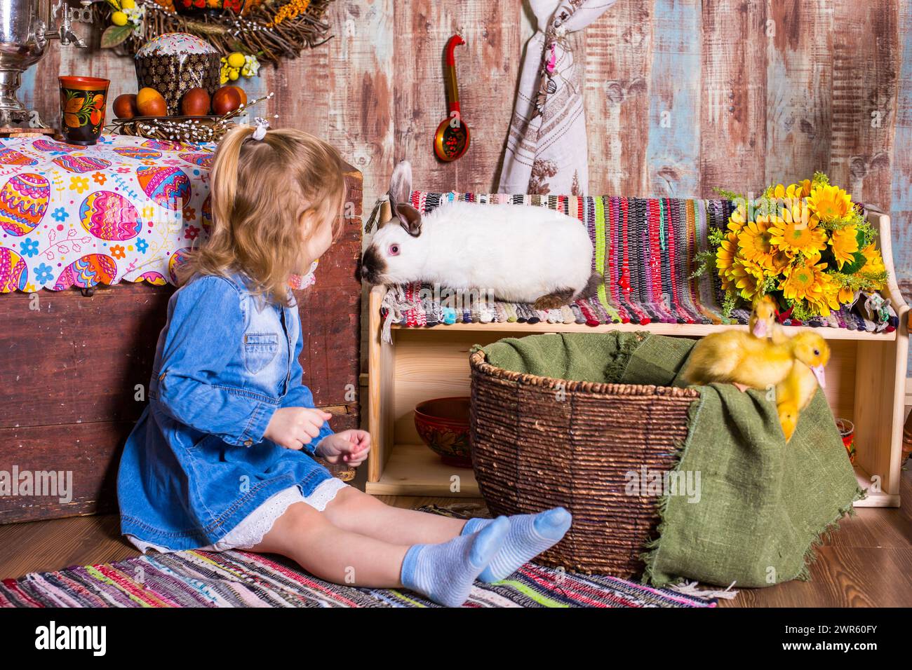 Easter decorated interior with colorfull eggs and ducklings Stock Photo