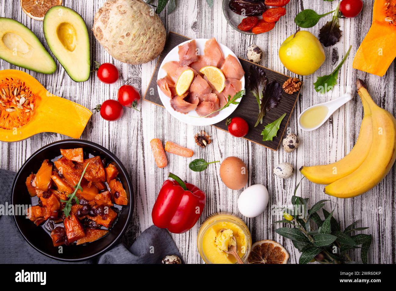 Fresh vegetables, fruits and proteins for a healthy lifestyle. Mediterranean diet, Paleo, Keto. Stock Photo
