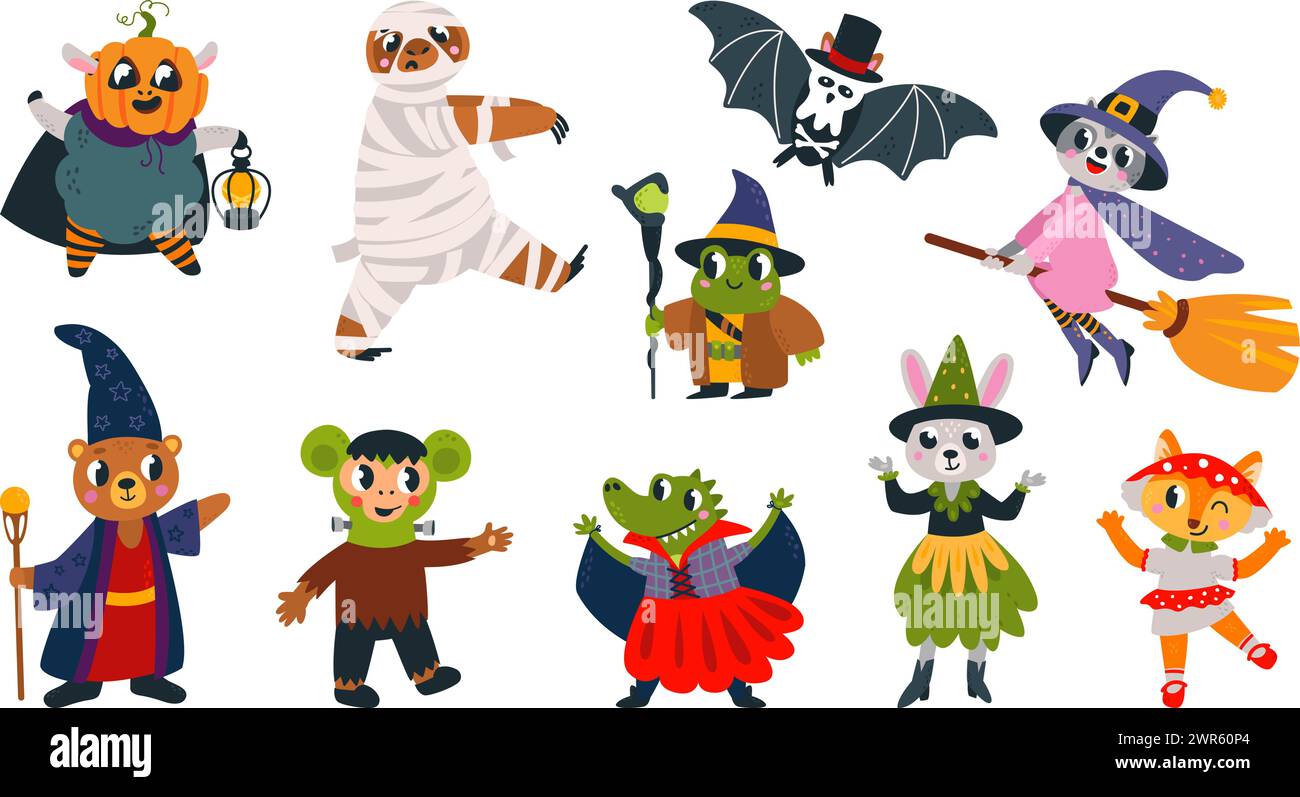 Animals wear halloween costumes. Wizard and witch, bat and egyptian mummy. Cute childish mascots, fairy tale characters. Isolated classy animal vector Stock Vector