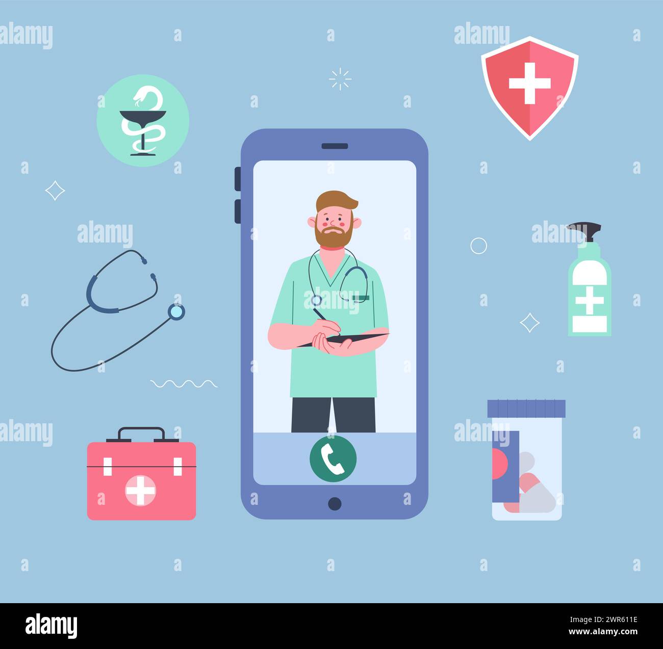 Telemedicine. Doctor on smartphone screen and clinic icons around ...