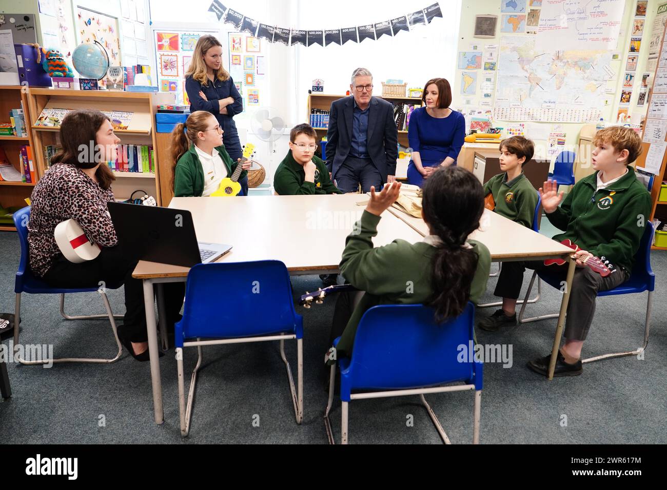 Labour leader Sir Keir Starmer and shadow education secretary Bridget Phillipson during a visit to a school in Harlow in Essex. Picture date: Monday March 11, 2024. Stock Photo
