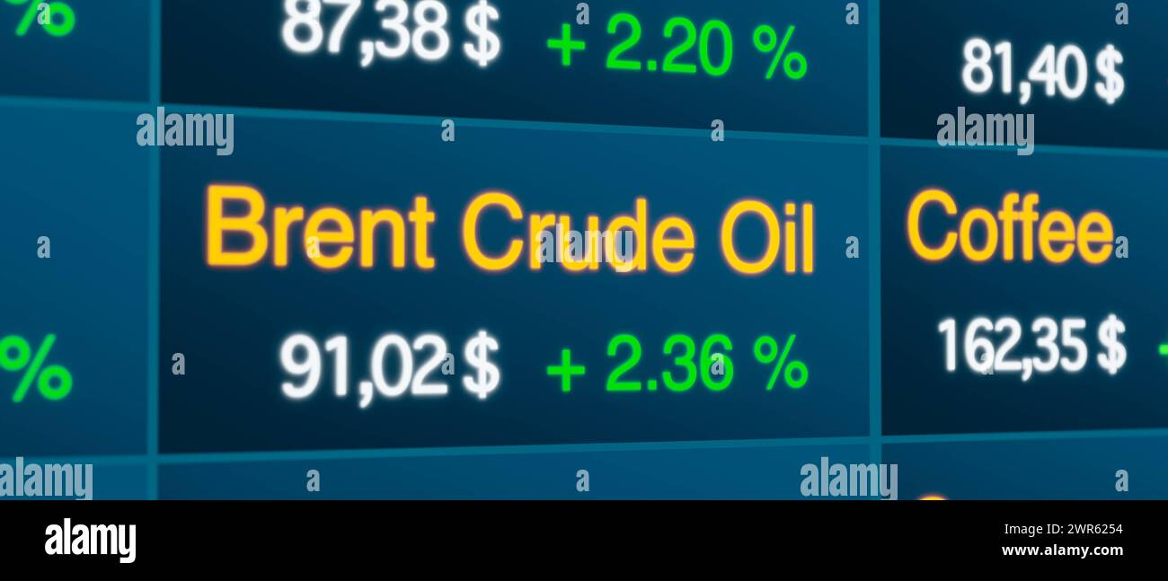 Commodity trading screen, rising Brent Crude Oil price. Brent Crude Oil price moving up, commodity trading screen. Business, information, stock market Stock Photo