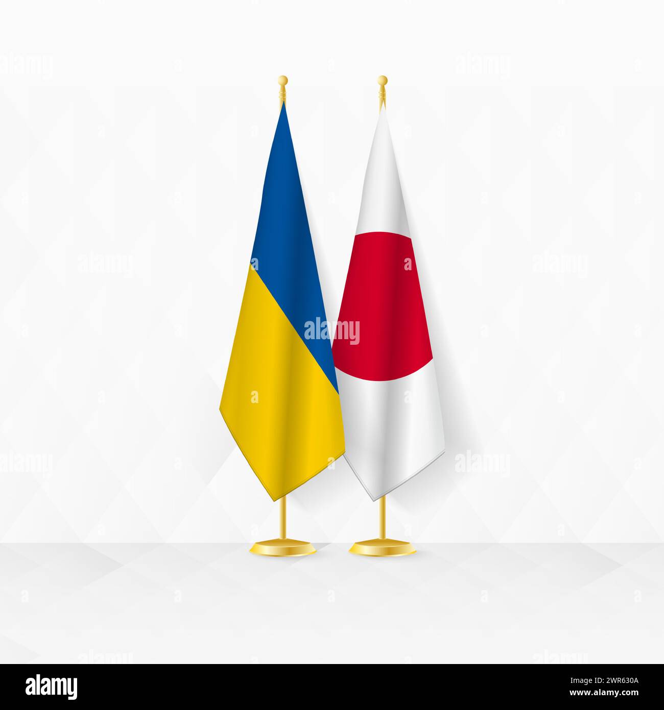 Ukraine and Japan flags on flag stand, illustration for diplomacy and other meeting between Ukraine and Japan. Vector illustration. Stock Vector