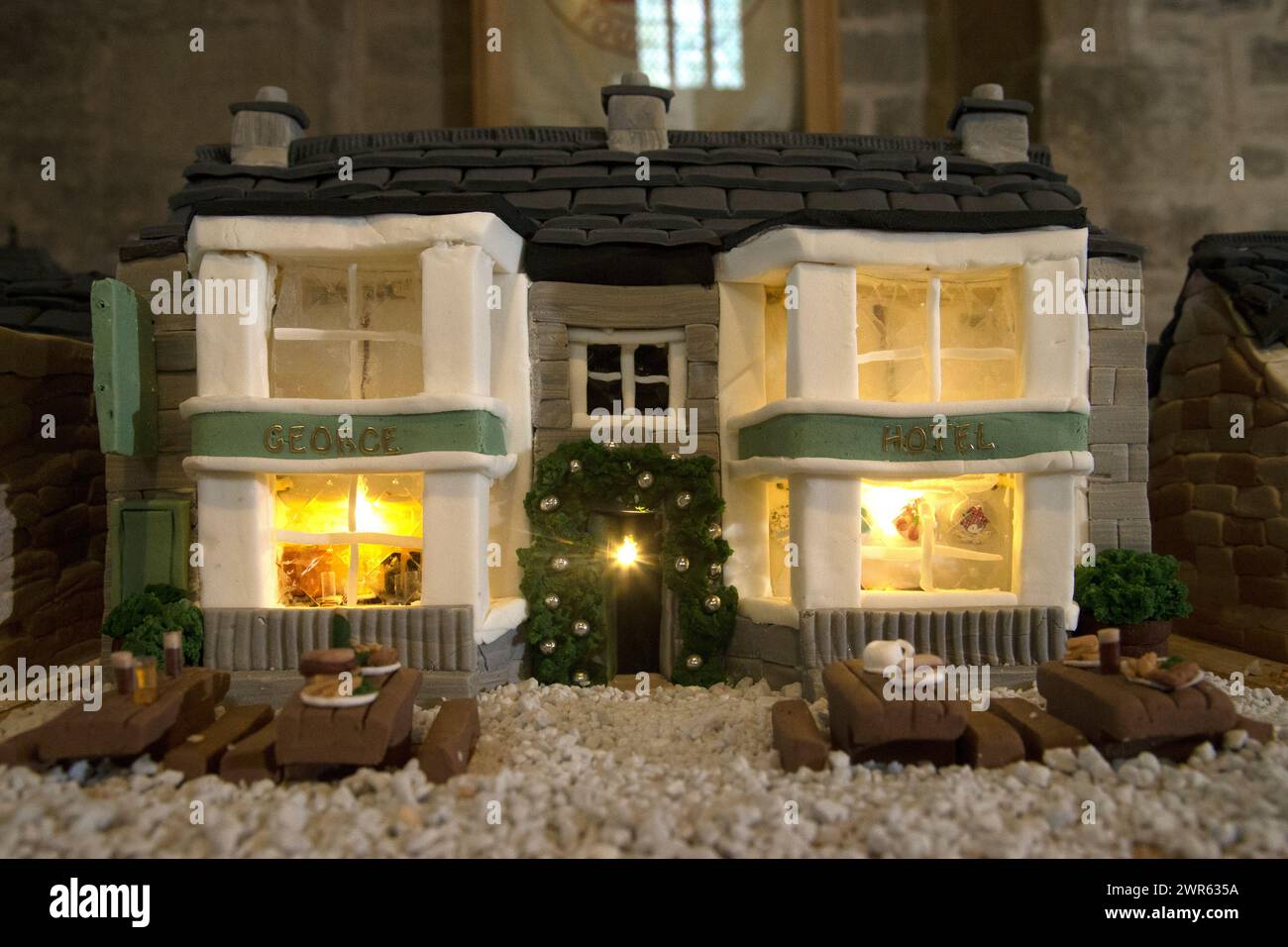 07/12/16  George Hotel.  In this incredibly detailed replica of a small Peak District village, everything is edible, from the baubles on the Christmas Stock Photo