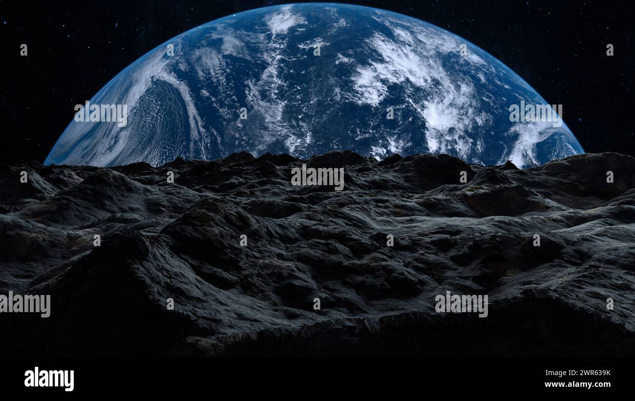 Earth planet rises over a barren, rocky landscape, surface, dark void of space. Stars speckle blackness, providing subtle backdrop to dominating prese Stock Photo