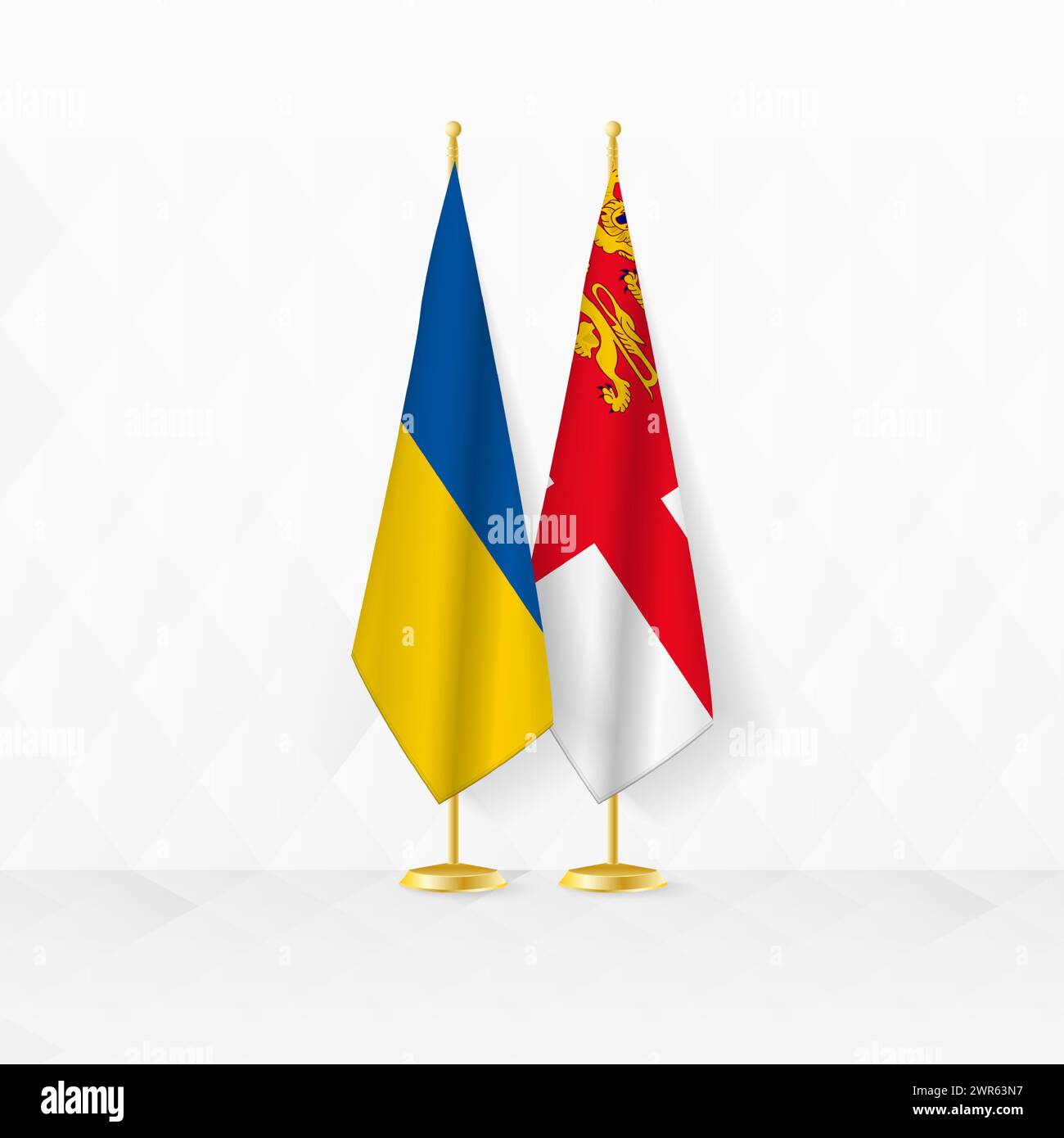 Ukraine And Sark Flags On Flag Stand, Illustration For Diplomacy And 