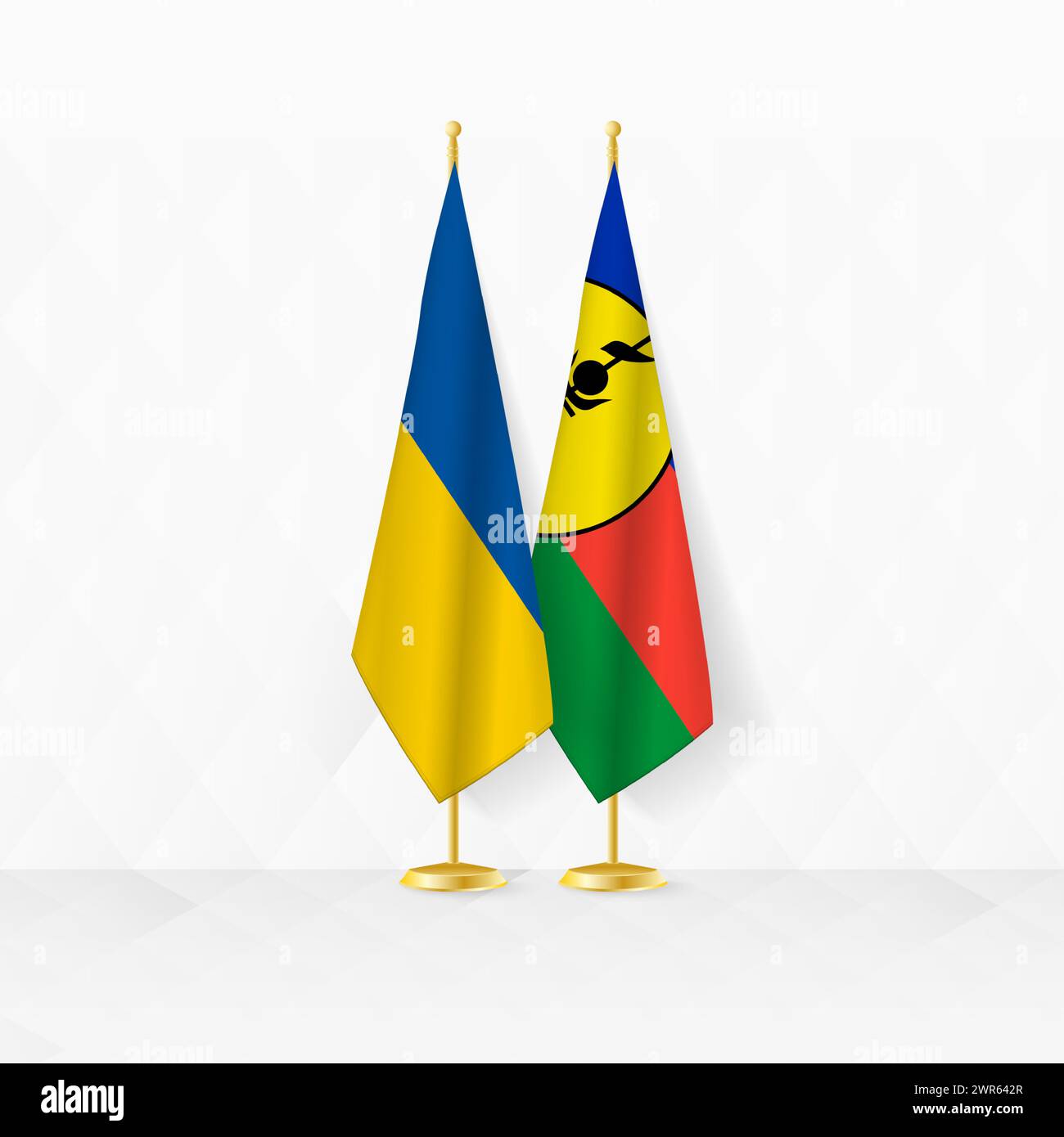 Ukraine and New Caledonia flags on flag stand, illustration for ...