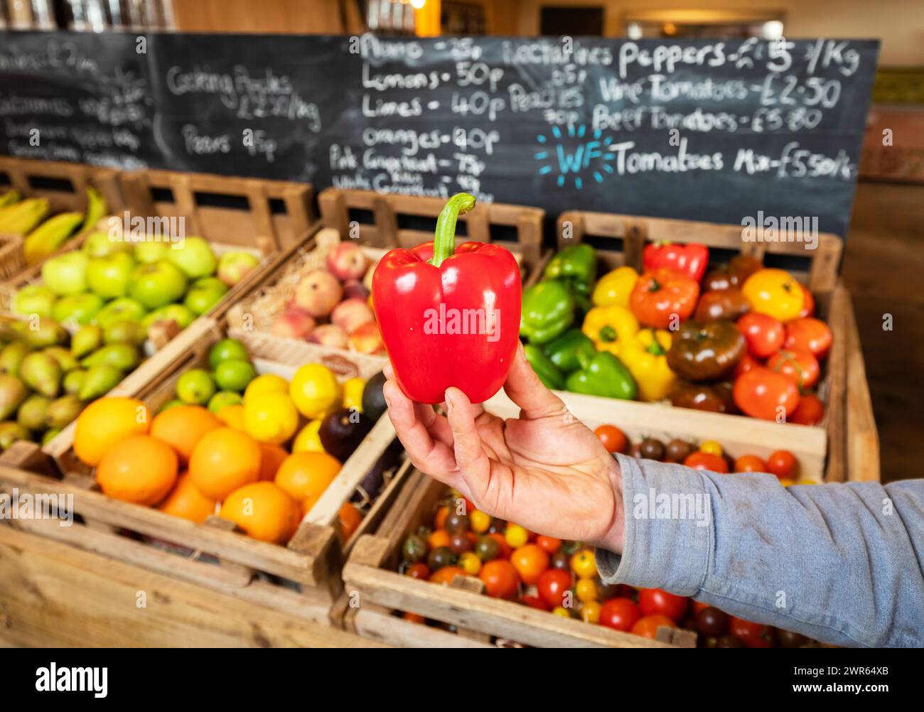 Fresh fruit and vegetables on display in a shop Stock Photo - Alamy