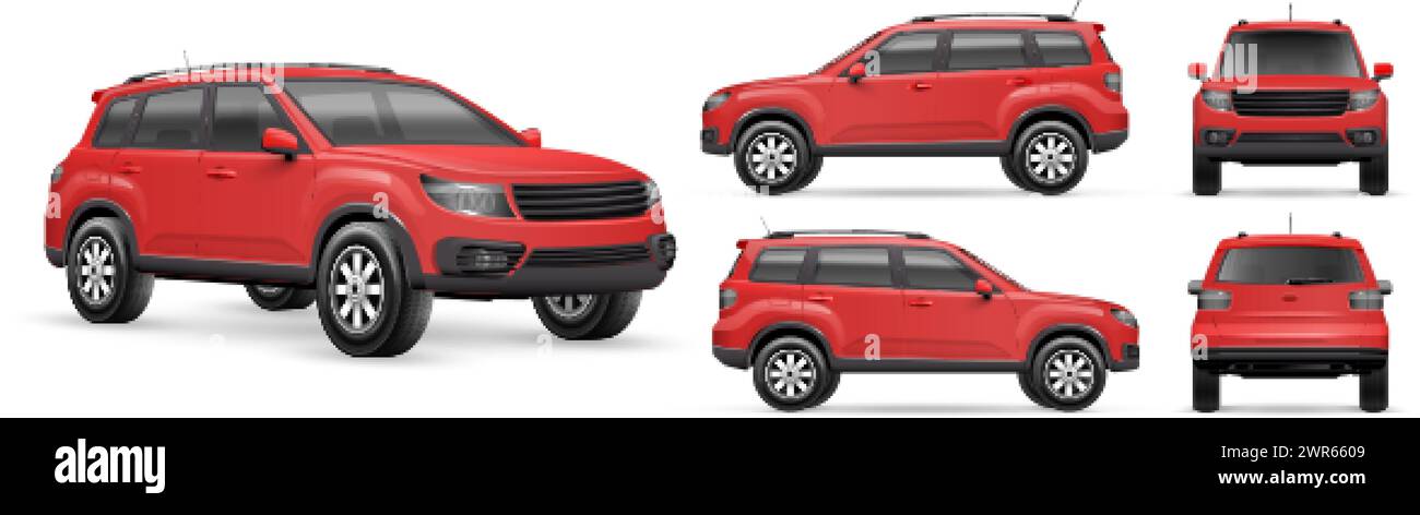 Realistic red suv. 3d car motor mockup for dealership studio, travel sport cars 4x4 automotive carrier modern vehicle auto transmission render automobile vector illustration of drive transport auto Stock Vector