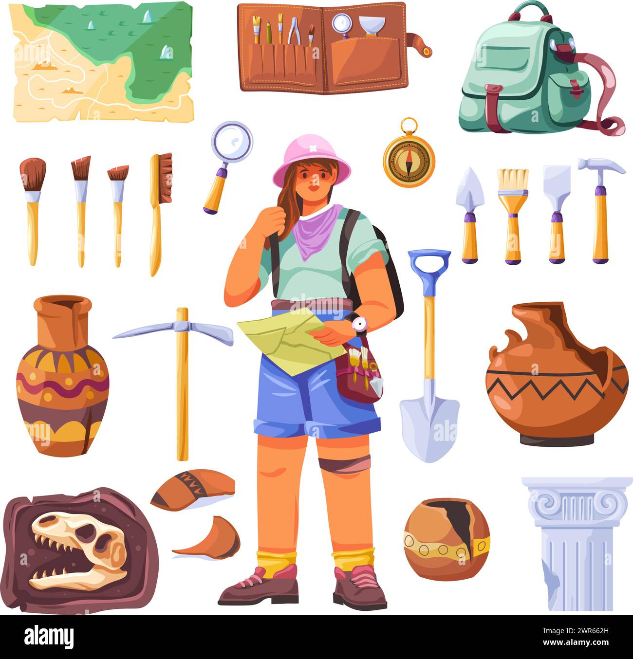 Archaeologist tools. Archeologist with archaeological artifacts and