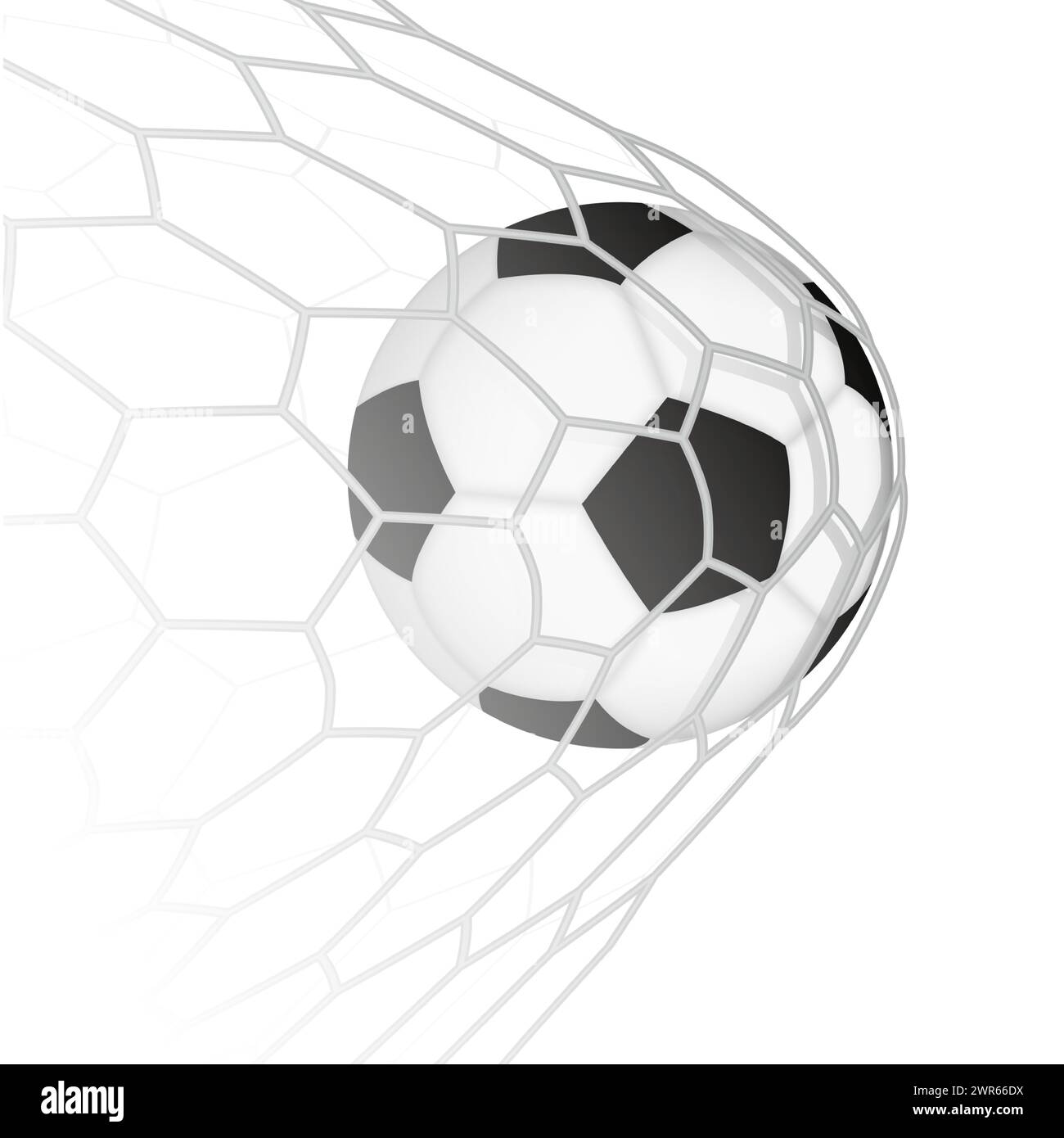 Square illustration of football ball in net, goal moment in soccer or 