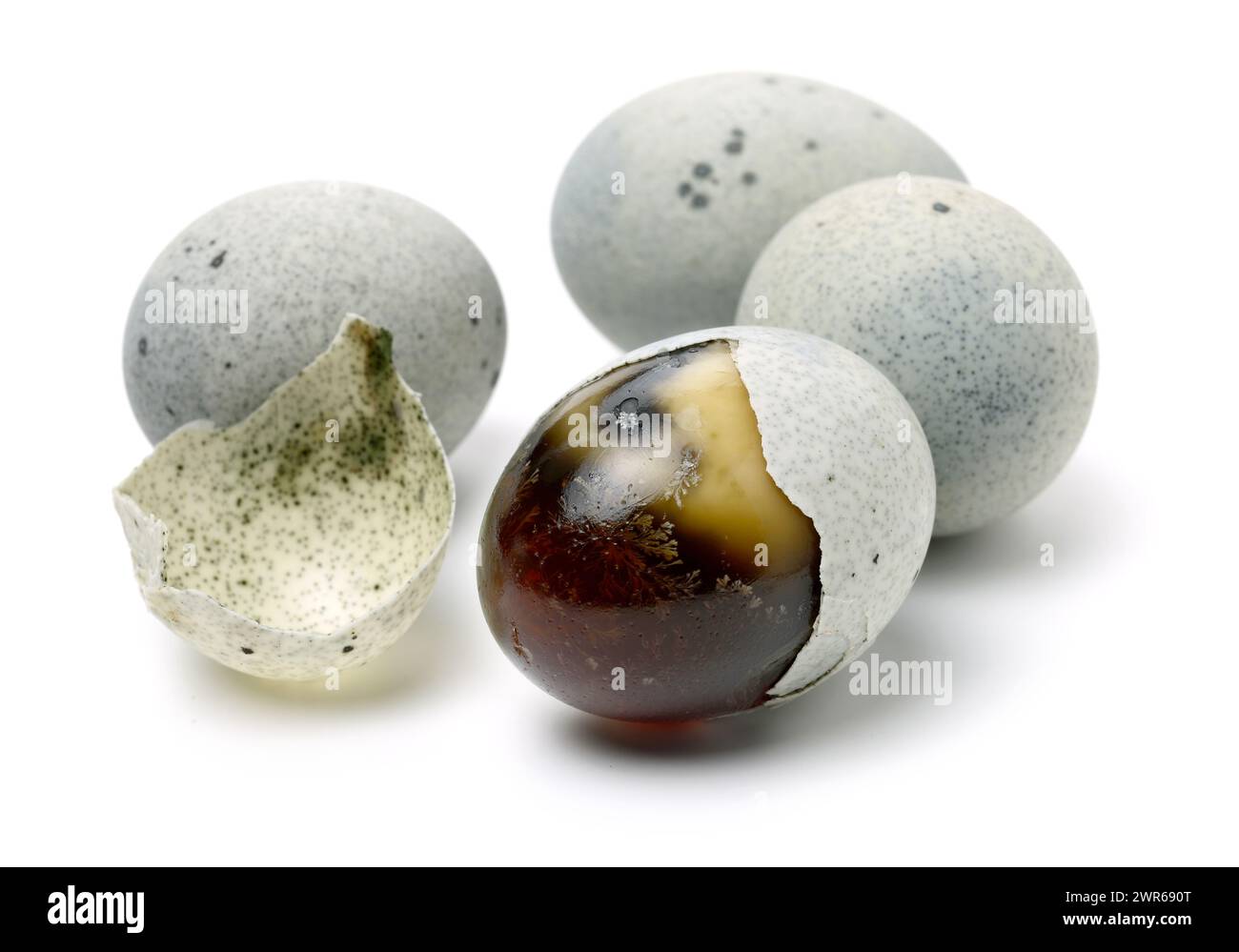 preserved duck eggs on white background Stock Photo - Alamy