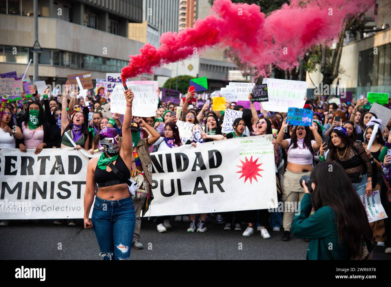 Demonstrators start a during the international women's day demonstrations in Bogota, Colombia on March 8, 2024. Stock Photo