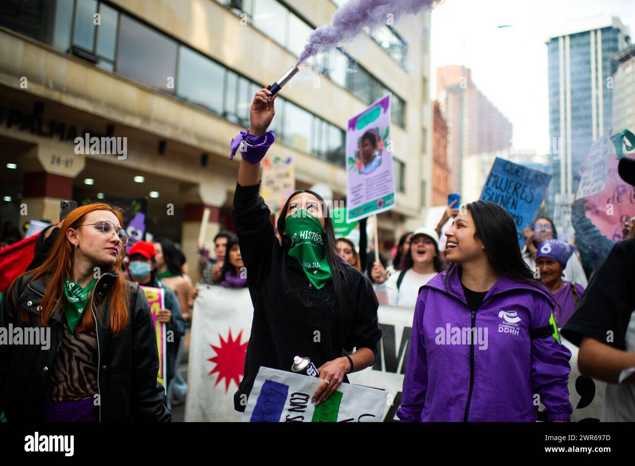 Demonstrators start a during the international women's day demonstrations in Bogota, Colombia on March 8, 2024. Stock Photo