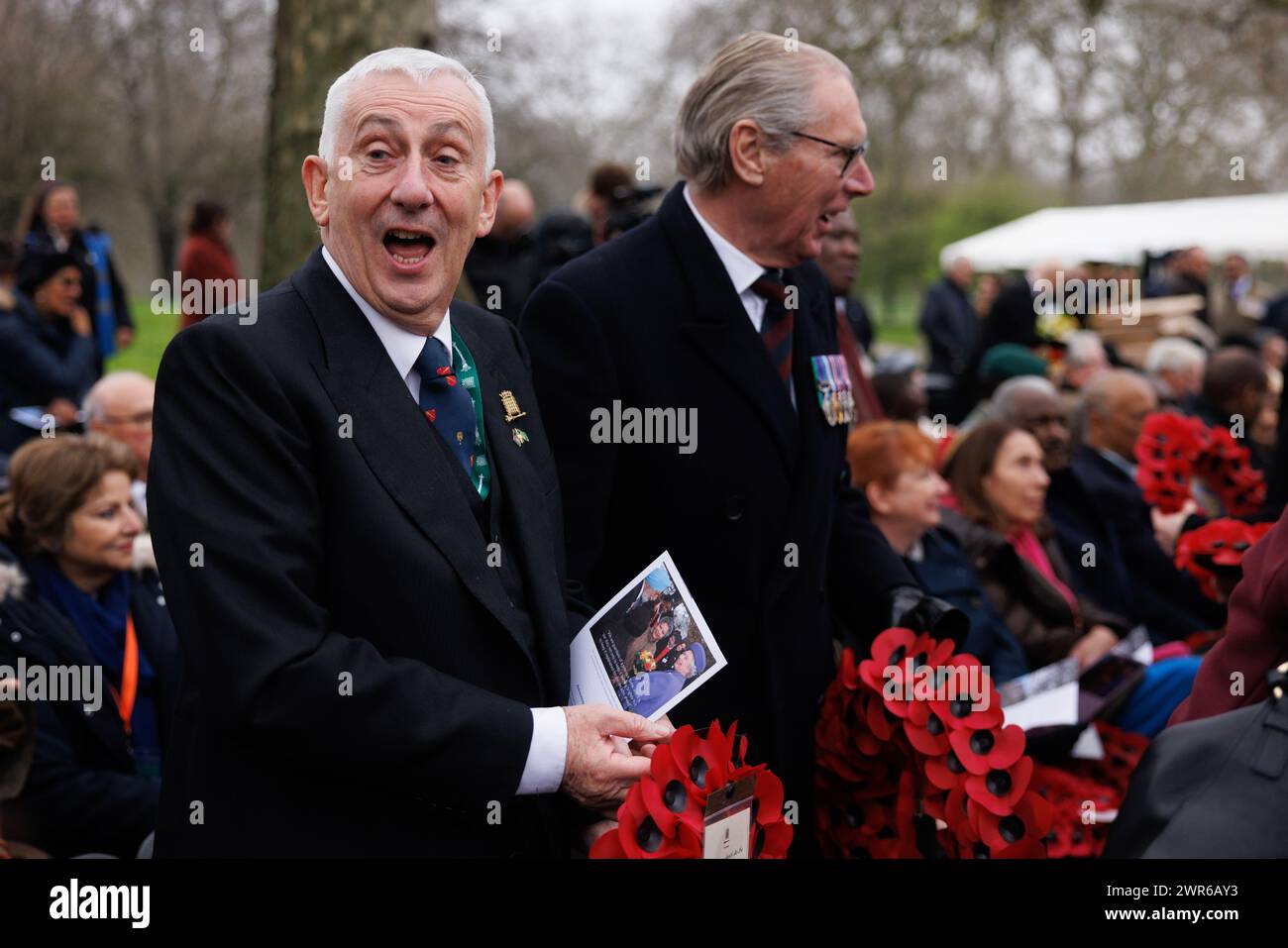 Speaker of the House of Commons Sir Lindsay Hoyle (left) during the Commonwealth Day commemorative ceremony at the Commonwealth Memorial Gates in London. The annual ceremony honours the five million men and women from Africa, the Caribbean and the Indian subcontinent who volunteered to serve with the Armed Forces during the First and Second World Wars. Picture date: Monday March 11, 2024. Stock Photo
