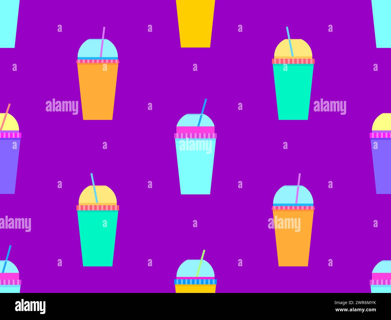 Seamless pattern with plastic or paper cups with a straw. Plastic and paper cups for carbonated drinks. Plastic smoothie glass with straw. Carbonated Stock Vector