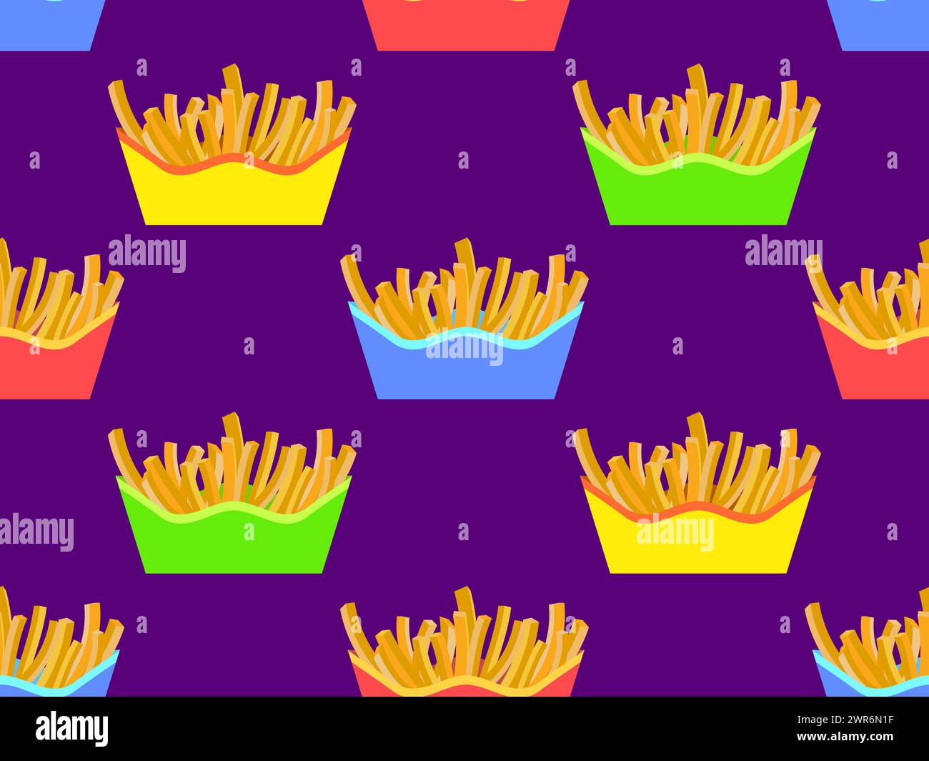 Seamless pattern with French fries. Fast food, deep fried potatoes. Packaged fries, a delicious snack. Design for banners, posters and promotional pro Stock Vector