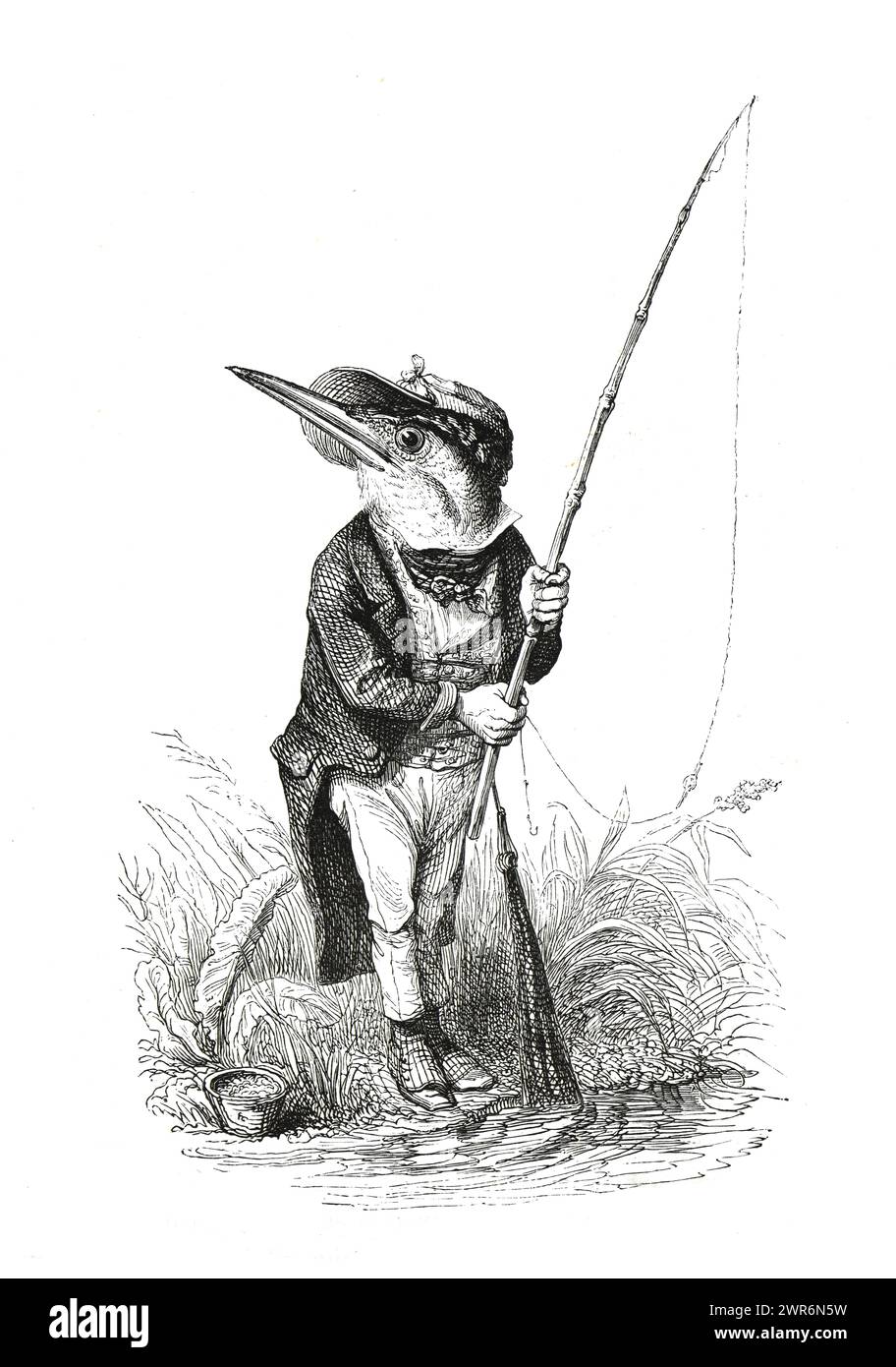 Anthropomorphic animals. humanized bird. fishing bird with fishing rod
