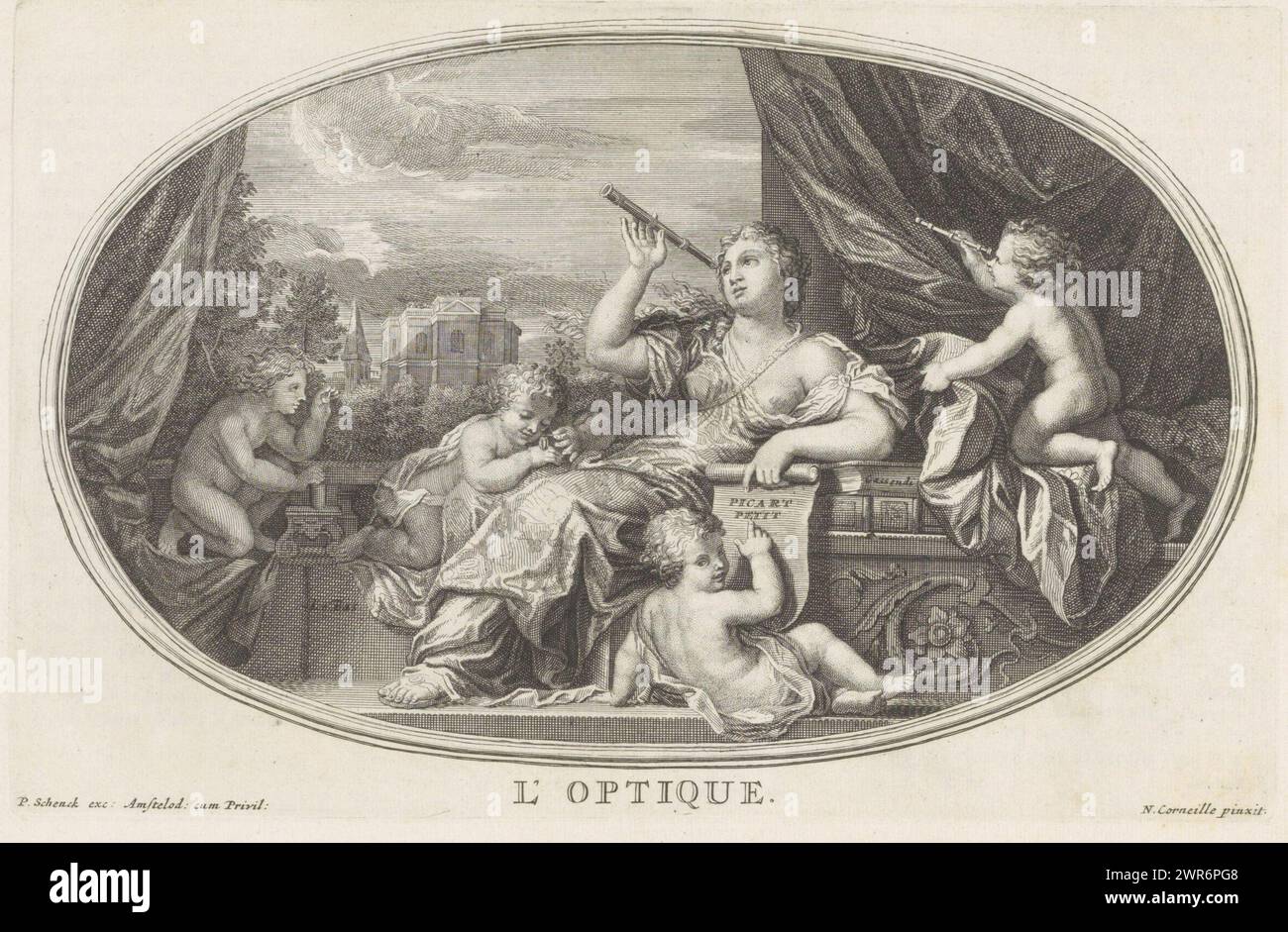 Vision, L´Optique (title on object), Le Cabinet des Beaux Arts (...) / De Schatkamer der Vrye Konsten (...) (series title), Ceiling piece with the personification of Vision. She looks at the sky through a stargazer. Next to her is a putto who also looks through a stargazer or telescope. On the left two putti studying small objects. In the background the Versailles Observatory. Print is part of an album., print maker: Pieter Sluyter, after print by: Charles Louis Simonneau, after painting by: Michel Corneille (II), Amsterdam, 1693, paper, etching, engraving, height 170 mm × width 263 mm Stock Photo