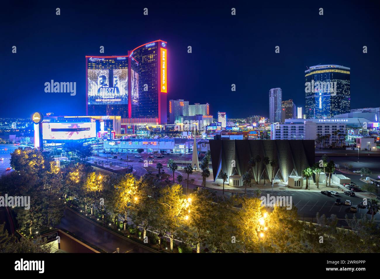 Night view of Las Vegas Strip with Casinos and Guardian Angel Cathedral Stock Photo