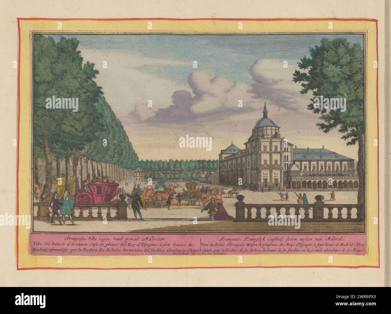 Royal Palace of Aranjuez, Aranguez, Koninklyk Lusthof, seven miles of Madrid (title on object), Theatrum Hispaniae (...) (series title), The Royal Palace of Aranjuez. Carriages in the foreground. Below the performance a title in Latin, Spanish, Dutch and French. Print is part of an album., print maker: Pieter van den Berge, publisher: Pieter van den Berge, Staten van Holland en West-Friesland, print maker: Amsterdam, publisher: Amsterdam, The Hague, 1694 - 1737, paper, etching, height 172 mm × width 257 mm, print Stock Photo