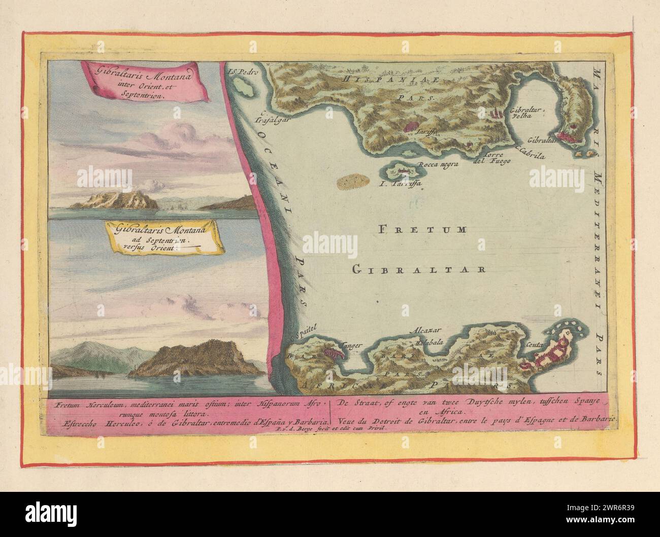 View of the Rock of Gibraltar and a map of the Strait of Gibraltar, The Strait, or Strait of Two Duytsche Miles, between Spain and Africa (...) (title on object), Theatrum Hispaniae (...) (series title ), On the left a view of the Rock of Gibraltar and on the right a map of the Strait of Gibraltar. Below the performance a title in Latin, Spanish, Dutch and French. Print is part of an album., print maker: Pieter van den Berge, publisher: Pieter van den Berge, Staten van Holland en West-Friesland, print maker: Amsterdam, publisher: Amsterdam, The Hague, 1694 - 1737, paper, etching Stock Photo