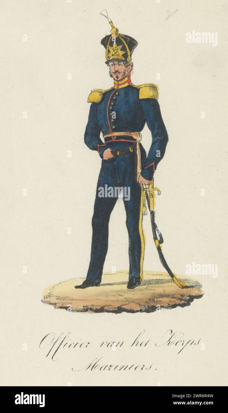 Officer of the Marine Corps (title on object), Dutch military uniforms in the years 1830-1832 (series title), An officer of the Marine Corps. Part of a series of 157 loose sheets with Dutch military uniforms in the years 1830-1832., print maker: Albertus Verhoesen, (attributed to), printer: Johannes Paulus Houtman, print maker: Netherlands, printer: Utrecht, 1835 - 1850, paper, height c. 170 mm × width c. 110 mm, print Stock Photo