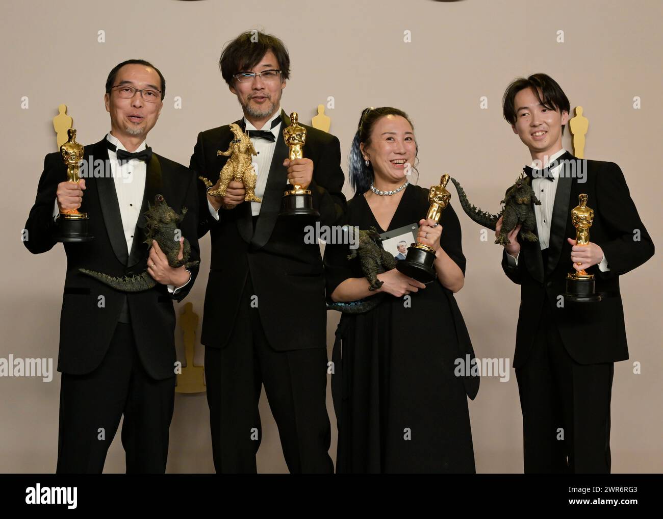March 10, 2024, Hollywood, California, U.S.: (L-R) Masaki Takahashi, Takashi Yamazaki, Kiyoko Shibuya and Tatsuji Nojima in the Press Room during the 96th Academy Awards, presented by the Academy of Motion Picture Arts and Sciences (AMPAS), at the Dolby Theatre in Hollywood. (Credit Image: © Billy Bennight/ZUMA Press Wire) EDITORIAL USAGE ONLY! Not for Commercial USAGE! Stock Photo