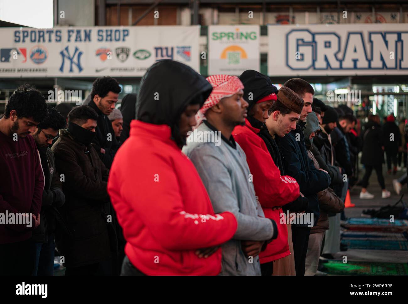 Muslims gathered in Times Square New York City, NY for the first Taraweeh prayer of Ramadan on