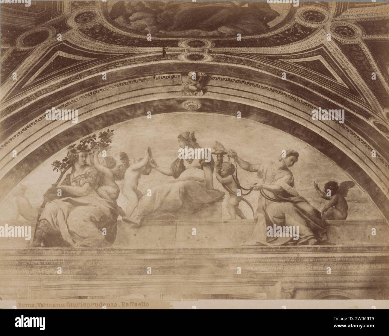 Photo reproduction of the fresco Cardinal Virtues by Raphael in the Stanze di Raffaello, Vatican City, Roma. Vaticano. Giurisprudenza. Raffaello (title on object), anonymous, after painting by: Rafaël, Vatican City, 1851 - 1900, paper, albumen print, height 200 mm × width 254 mm, photograph Stock Photo