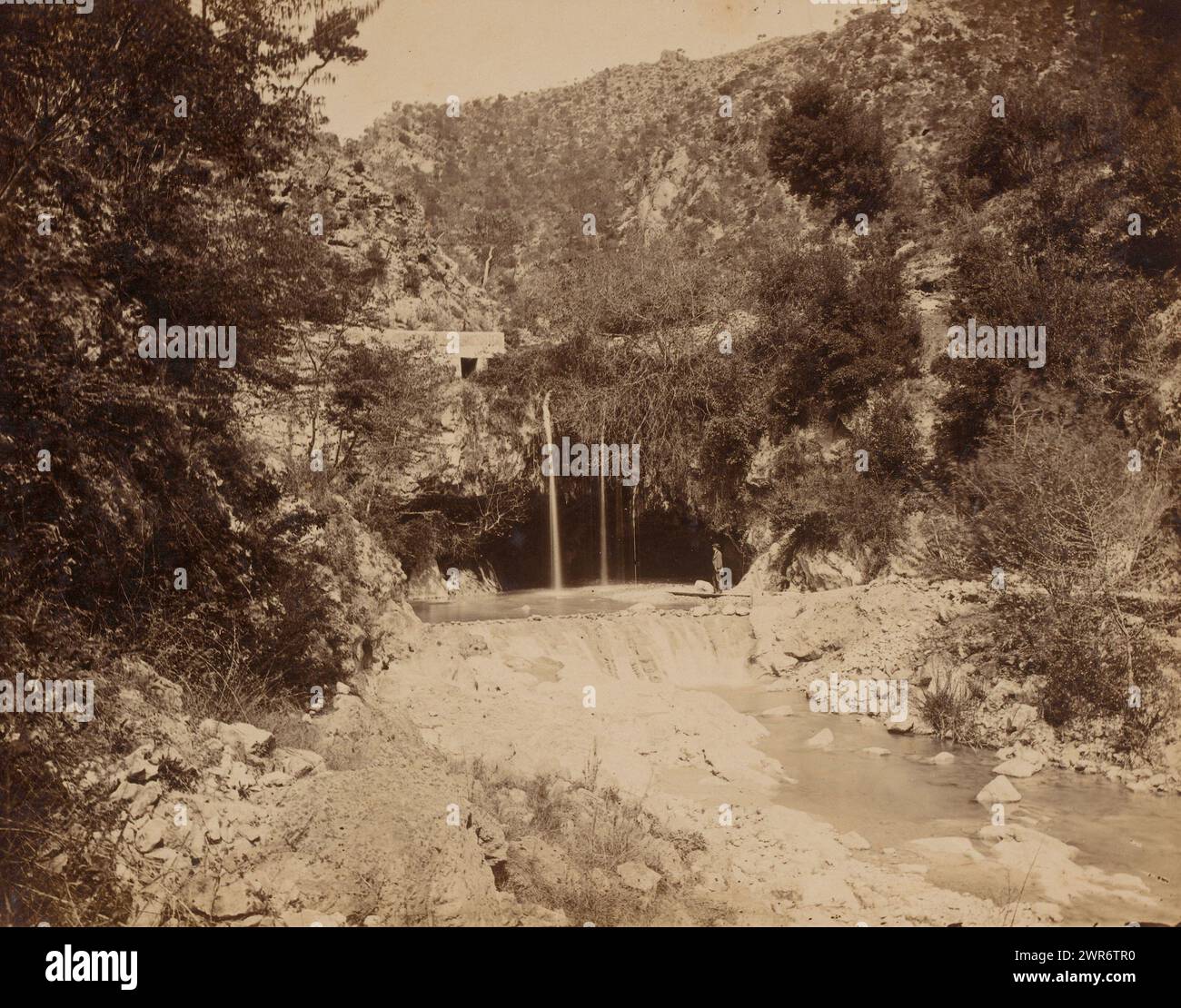 Landscape with stream and waterfall, Landscape with stream and waterfall., anonymous, c. 1880 - c. 1900, paper, albumen print, height 204 mm, width 270 mm, height 298 mm, width 357 mm, photograph Stock Photo