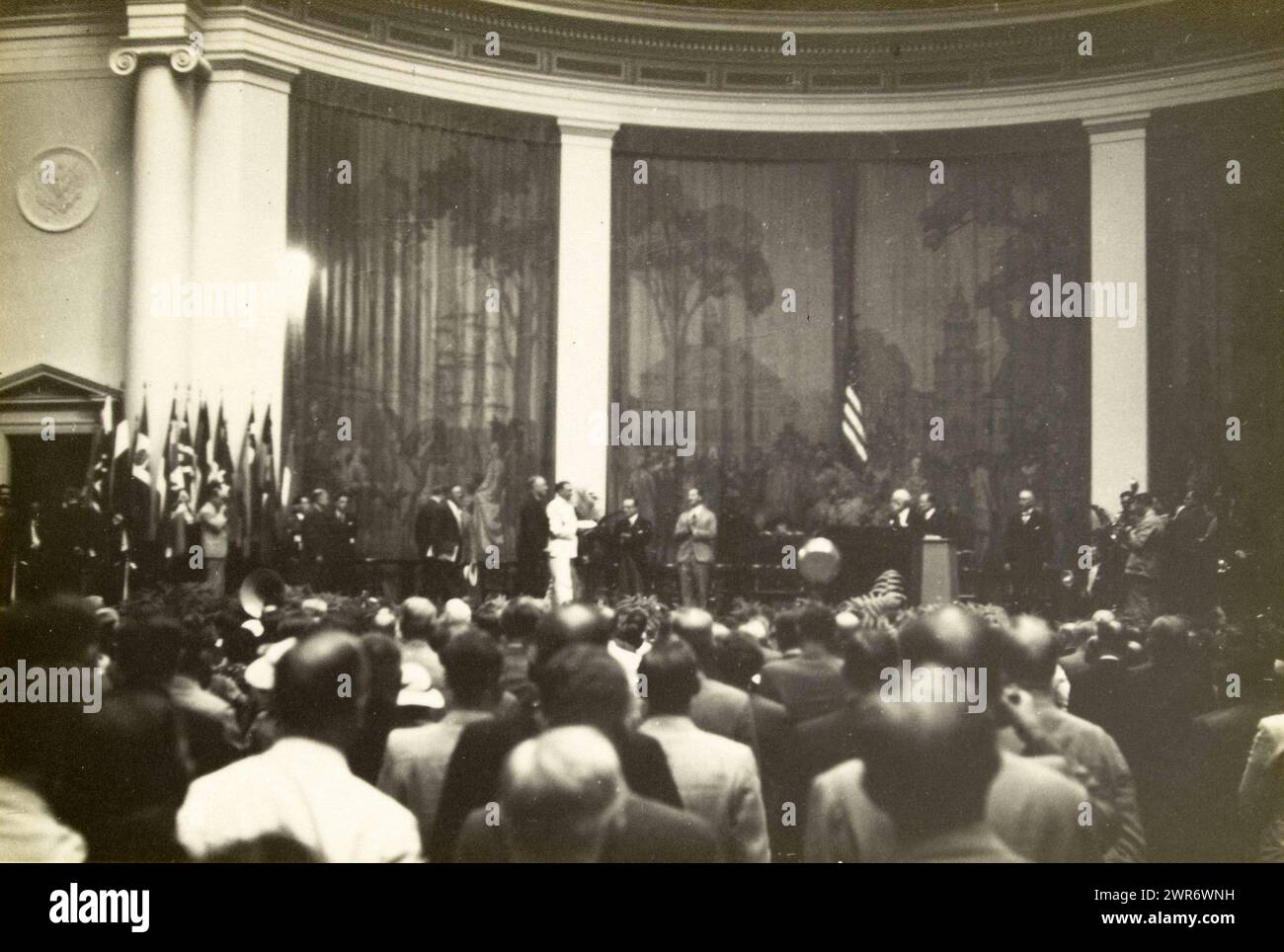 Speech by US President Franklin D. Roosevelt at the Third World Power Conference, Constitution Hall, Washington DC, United States, President Roosevelt enters the convention hall, constitution hall Washington (title on object), Wouter Cool, (attributed to), United States of America, 11-Sep-1936, paper, gelatin silver print, height 153 mm × width 228 mm, height 315 mm × width 285 mm, photograph Stock Photo