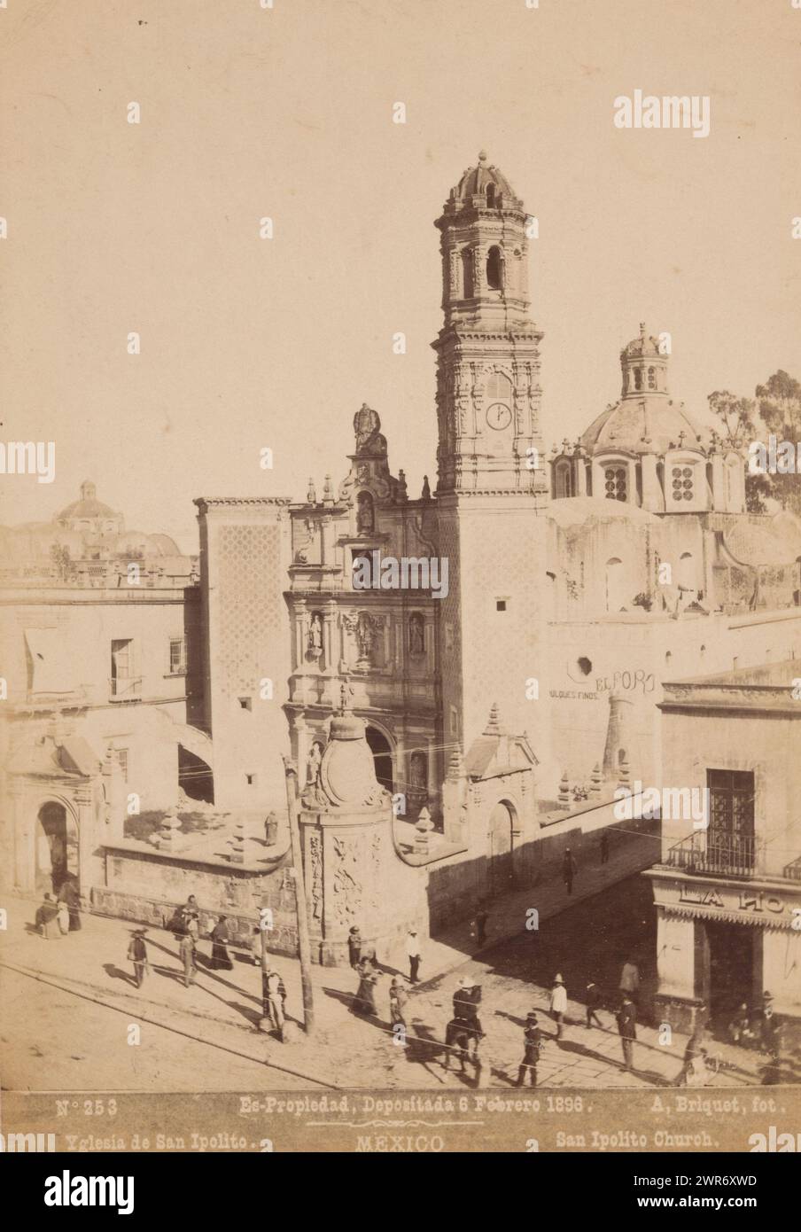 View of the San Hipólito y Casiano in Mexico City, Yglesia de San Ipolito / San Ipolito Church (title on object), Mexico (series title on object), Abel Briquet, Mexico-Stad, 1896, paper, albumen print, height 193 mm × width 133 mm, height 210 mm × width 160 mm, photograph Stock Photo