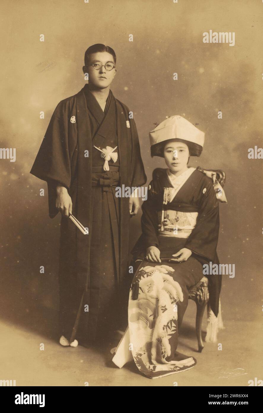Double portrait of an unknown Japanese couple, T Jingu, Japan, 1900 - 1920, baryta paper, height 193 mm × width 136 mm, height 286 mm × width 197 mm, photograph Stock Photo