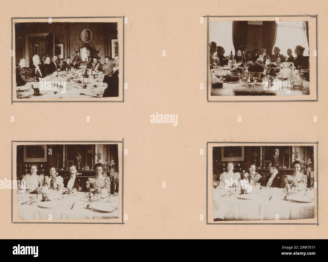 Wedding dinner, report in four small photos, probably in the Netherlands, anonymous, Netherlands, 1880 - 1910, baryta paper, height 140 mm × width 188 mm, photograph Stock Photo