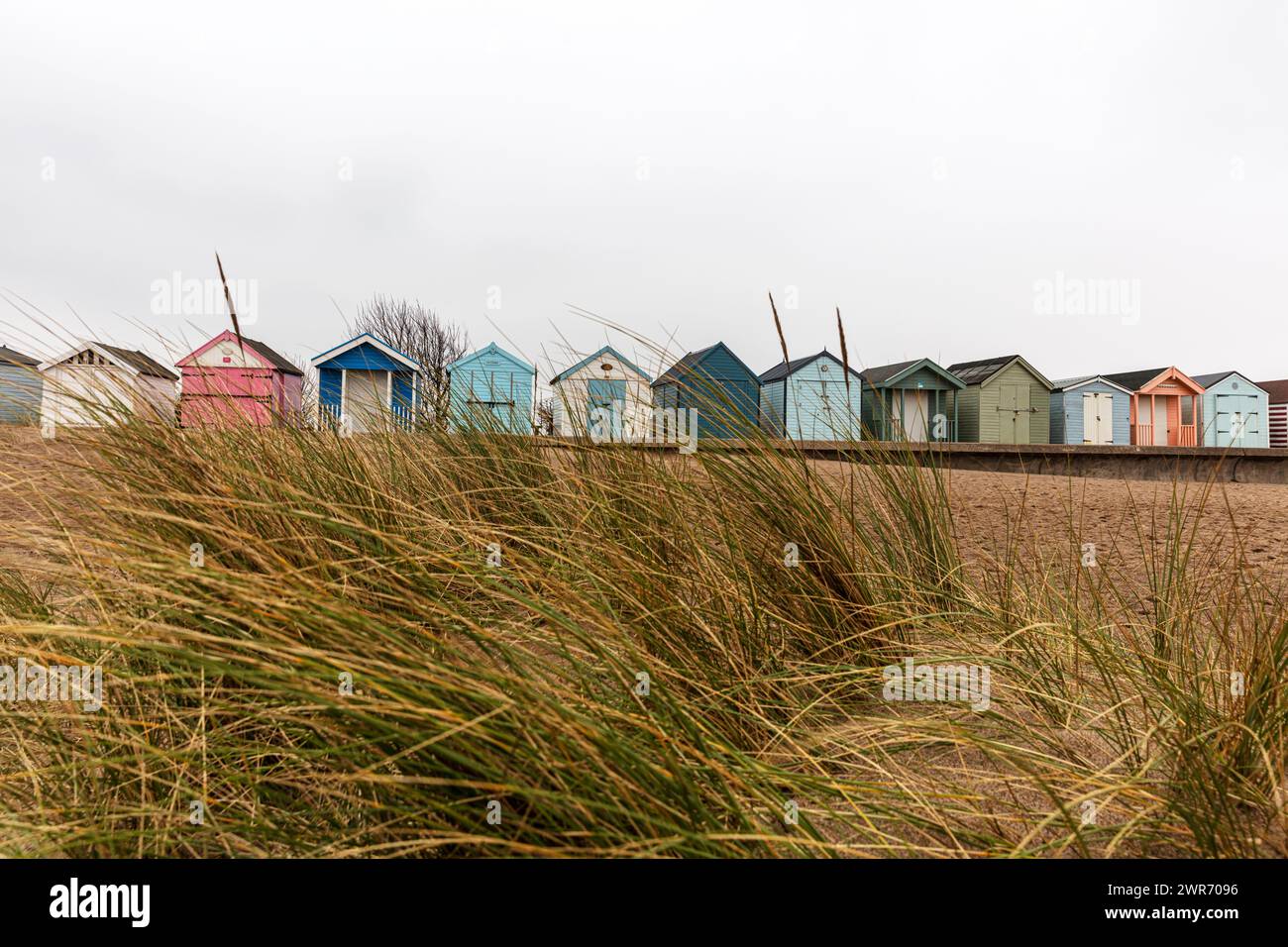 beach huts, beach, huts, chalets, beach hut, hut, Chapel St Leonards, Lincolnshire, UK, England, coast, beach, beach chalets, Stock Photo